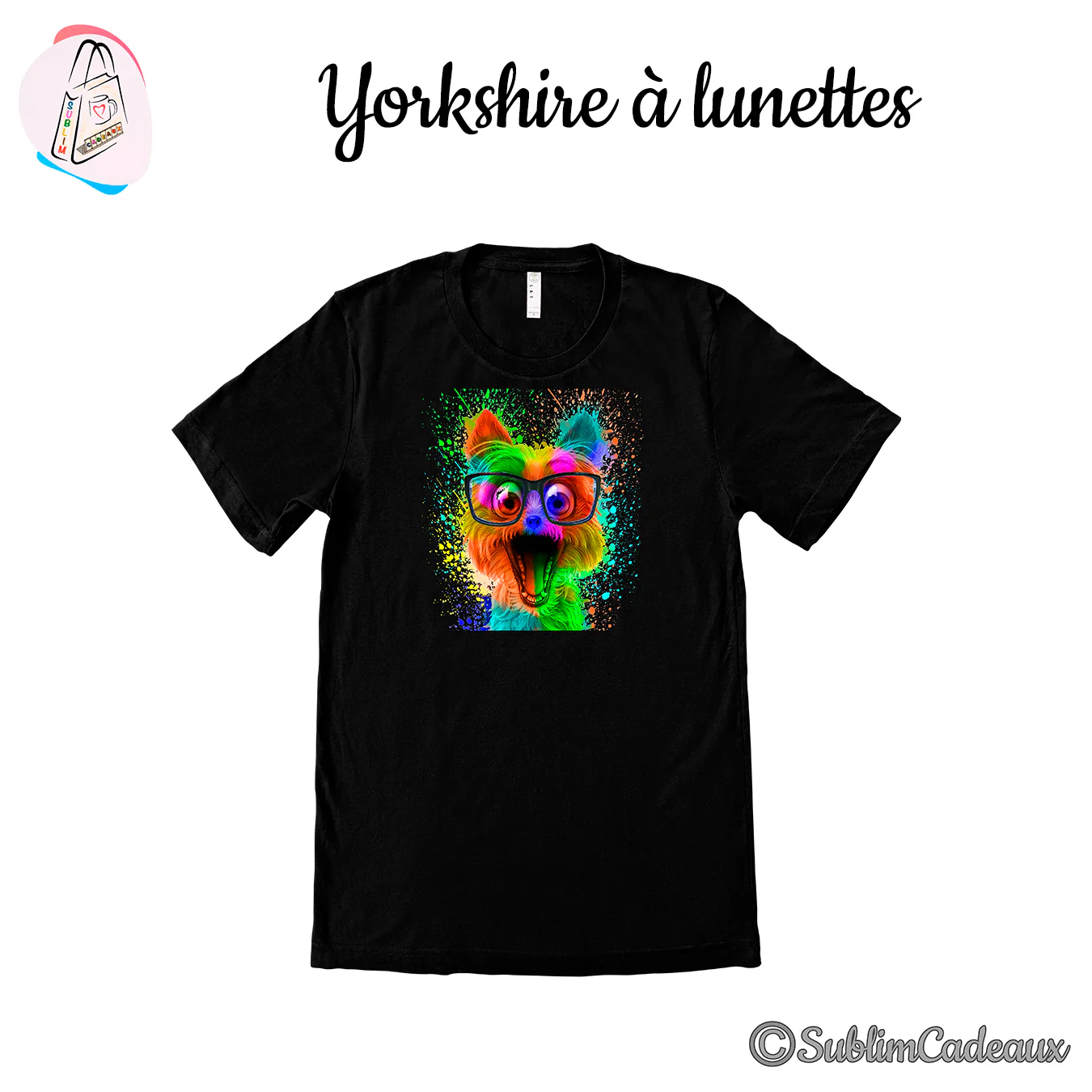 Tee-shirt noir imprimé d'un yorkshire multicolore à lunettes, gueule grande ouverte, sur fond d'éclaboussures de peinture