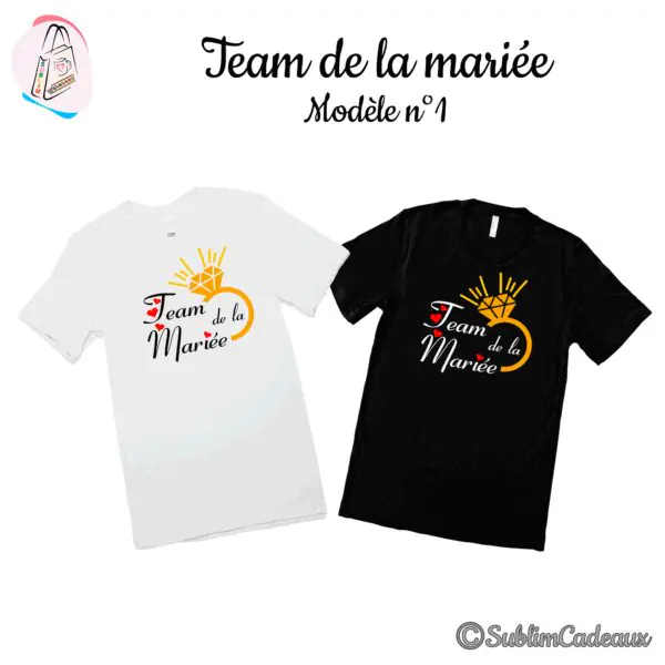 Tee-shirts blanc et noir imprimés « Team de la Mariée » avec bague à diamant dorée et petits cœurs rouges
