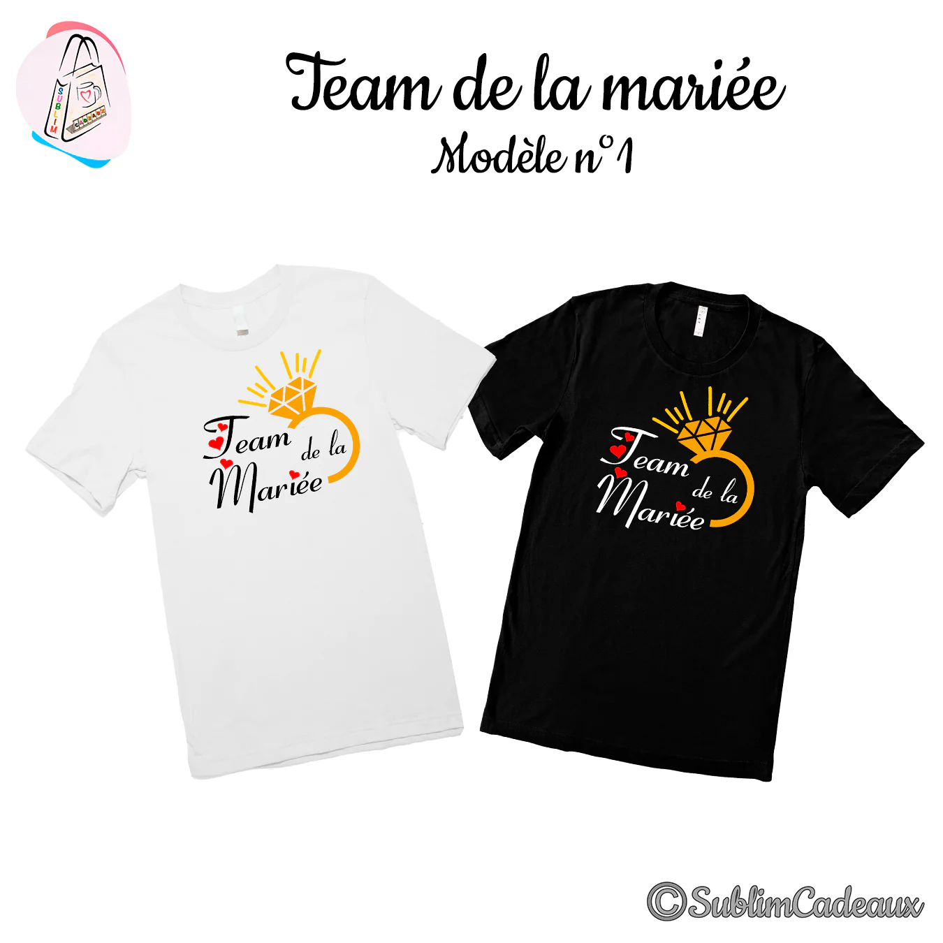 Tee-shirts blanc et noir imprimés « Team de la Mariée » avec bague à diamant dorée et petits cœurs rouges