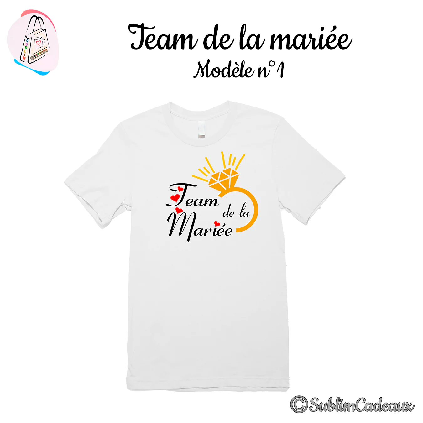 Tee-shirt blanc imprimé Team de la Mariée avec une bague à diamant doré et de petits cœurs rouges