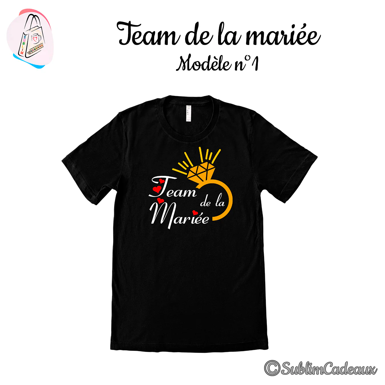 Tee-shirt noir imprimé Team de la Mariée en blanc, bague à diamant doré et petits cœurs rouges