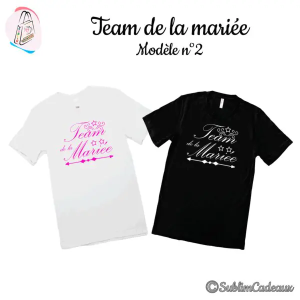 Tee-shirts blanc et noir imprimés « Team de la Mariée » en lettres cursives, étoiles et flèche, rose et blanc