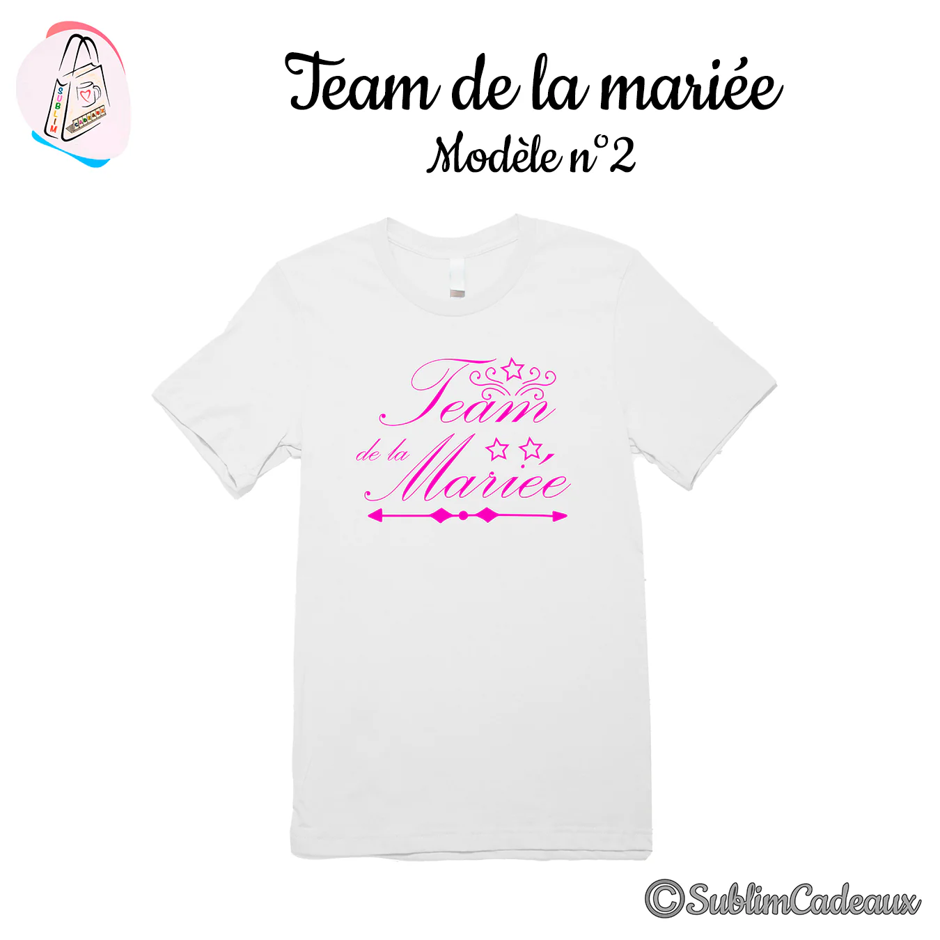 Tee-shirt blanc imprimé Team de la Mariée en rose fuchsia avec étoiles et flèche stylisée