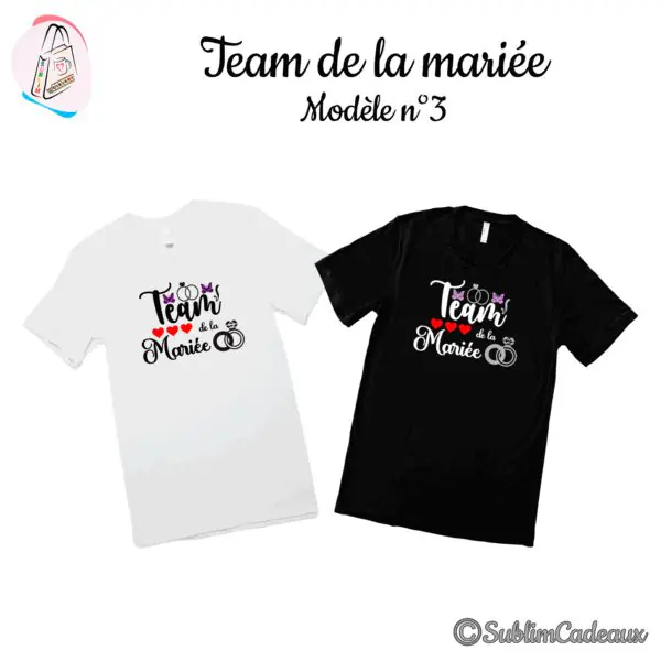 Tee-shirts blanc et noir imprimés « Team de la Mariée », papillons, cœurs rouges et alliances entrelacées