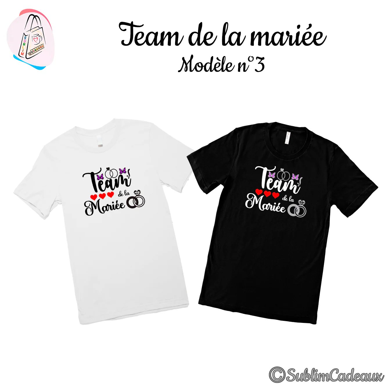 Tee-shirts blanc et noir imprimés « Team de la Mariée », papillons, cœurs rouges et alliances entrelacées