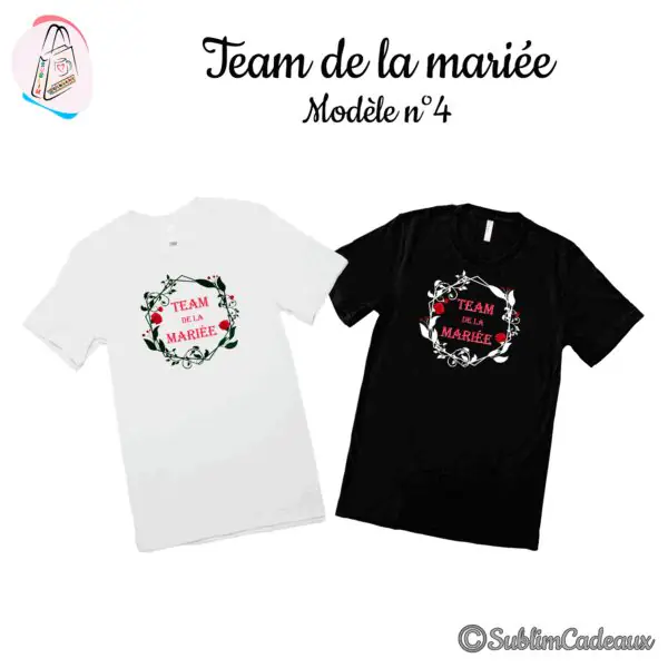 Tee-shirts blanc et noir imprimés « Team de la Mariée » en rouge dans une couronne de roses et feuillage