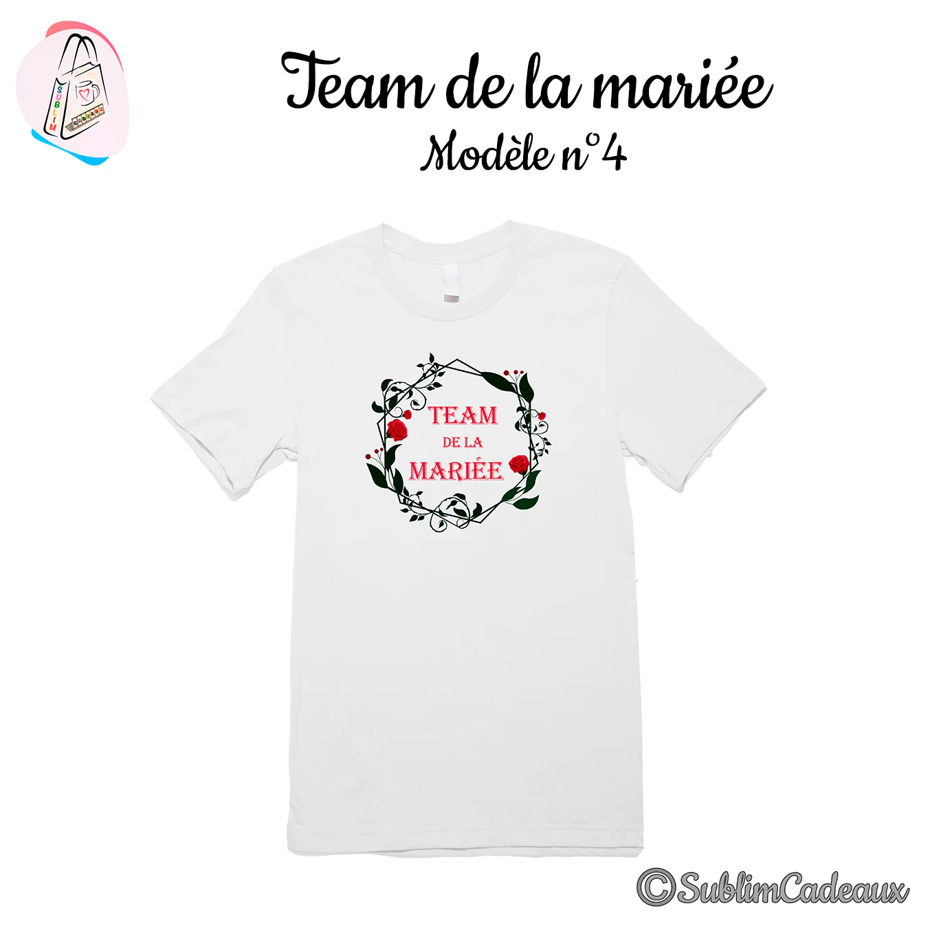 Tee-shirt blanc imprimé Team de la Mariée en rouge dans une couronne de feuillage et roses