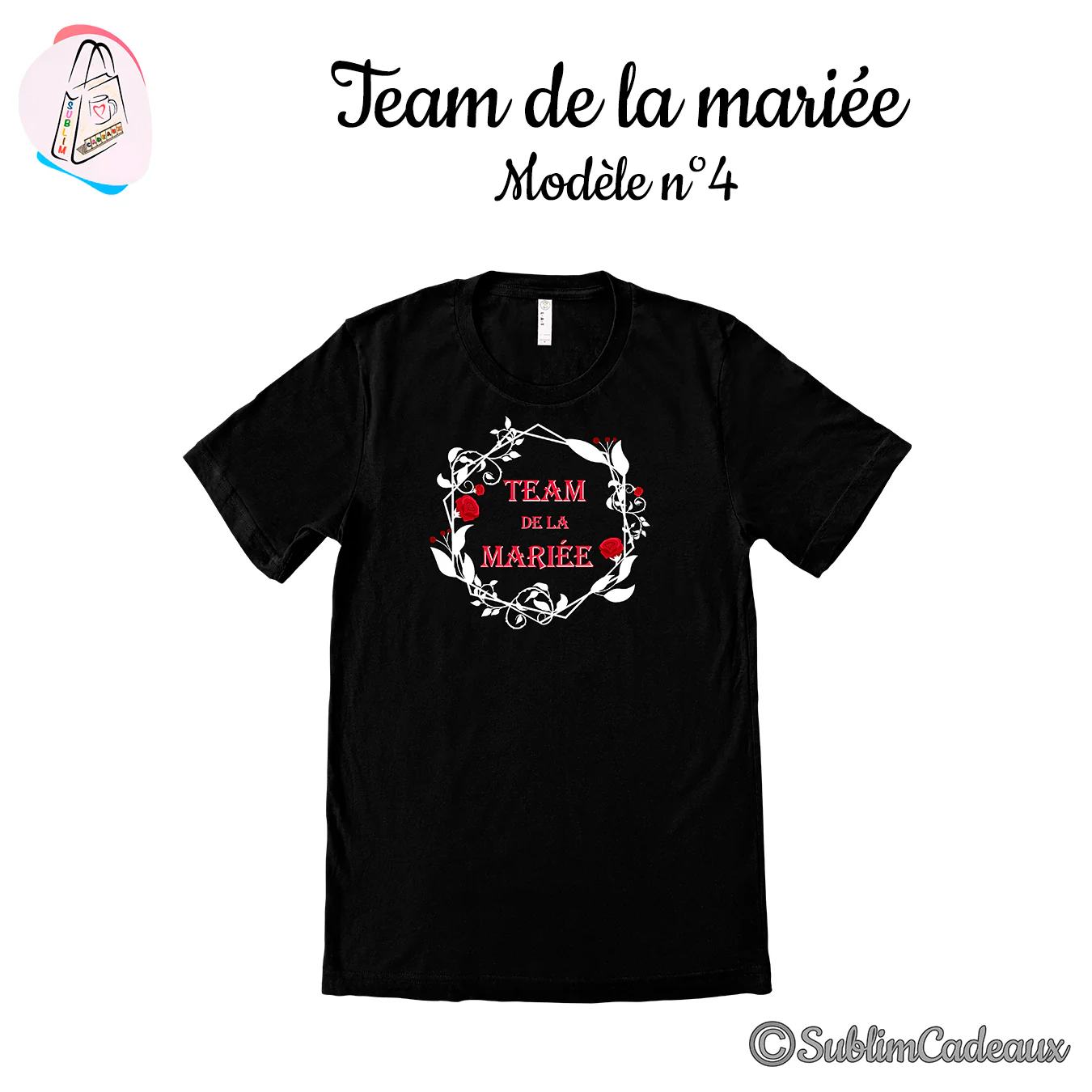 Tee-shirt noir imprimé Team de la Mariée en rouge dans une couronne de feuillage blanc et roses rouges