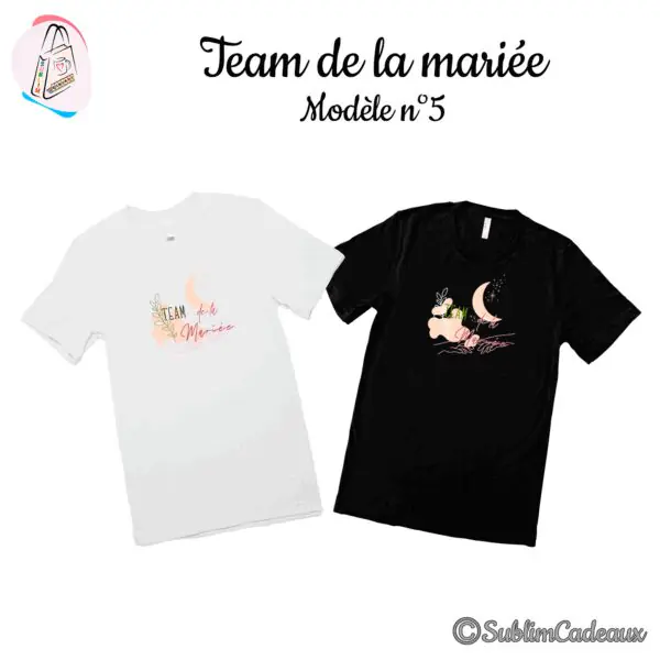 Tee-shirts blanc et noir imprimés « Team de la Mariée » avec croissant de lune, feuillage et tracés pastel