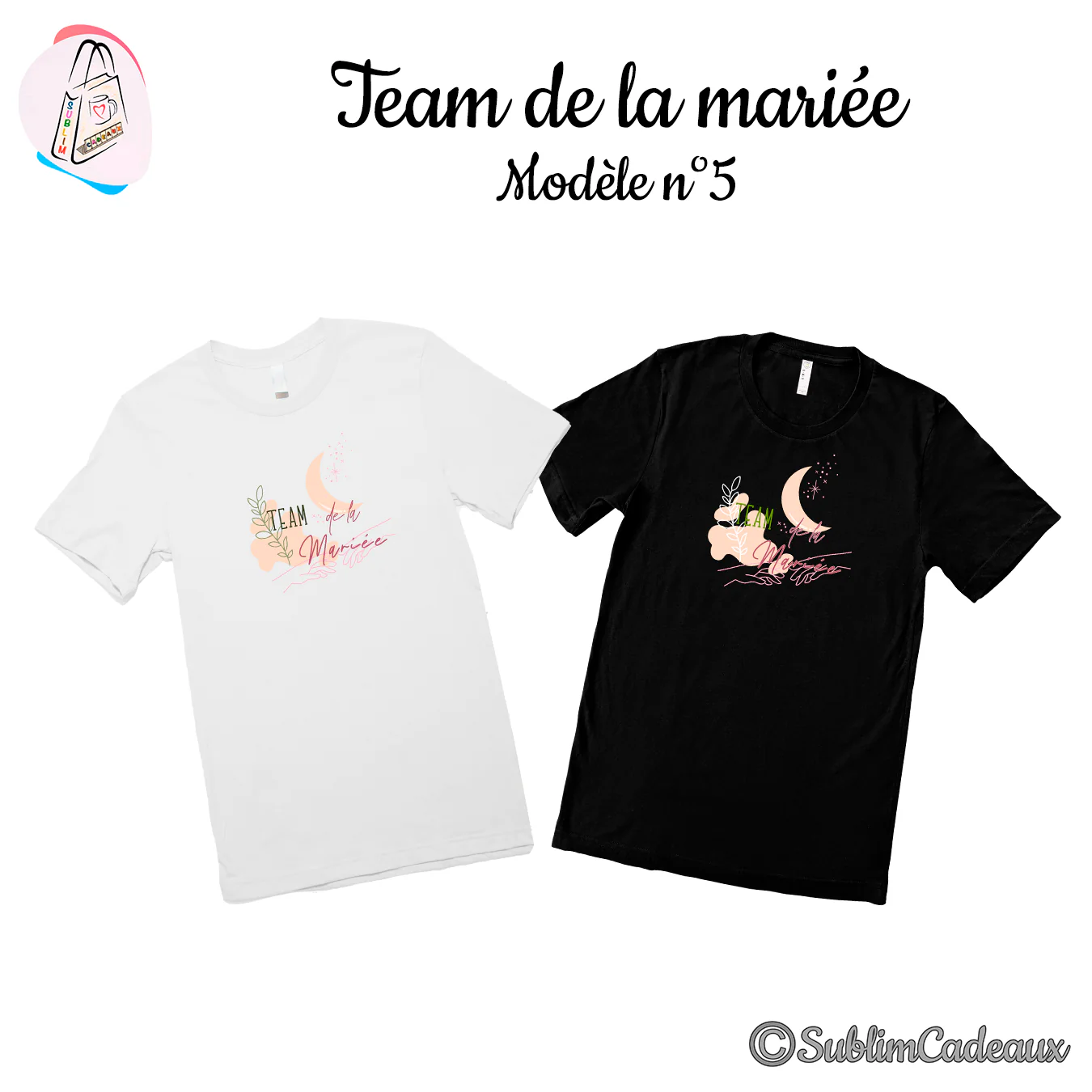 Tee-shirts blanc et noir imprimés « Team de la Mariée » avec croissant de lune, feuillage et tracés pastel