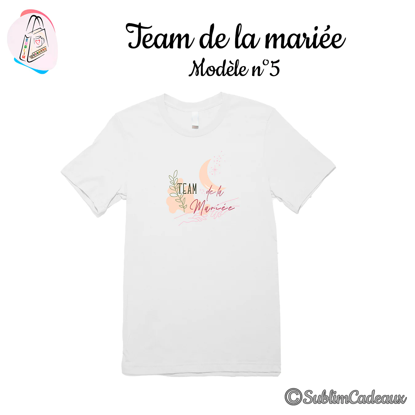 Tee-shirt blanc imprimé Team de la Mariée en tons pastel avec croissant de lune, feuillage et étoiles