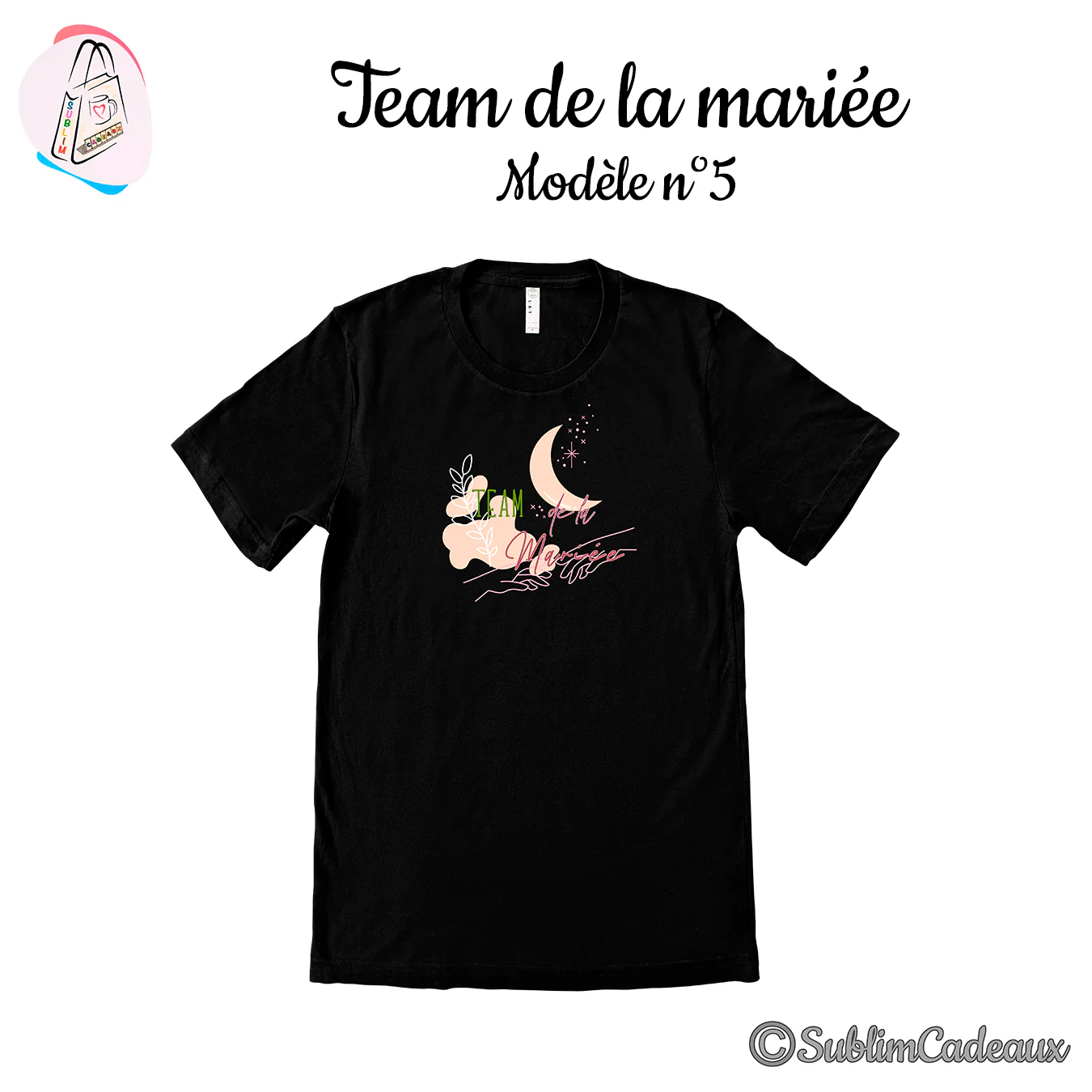 Tee-shirt noir imprimé Team de la Mariée aux tons pastel rosés, croissant de lune et branche de feuillage