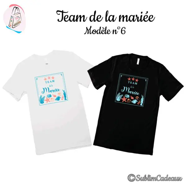 Tee-shirts blanc et noir imprimés « Team de la Mariée » sur thème marin, étoiles de mer, coquillages et algues