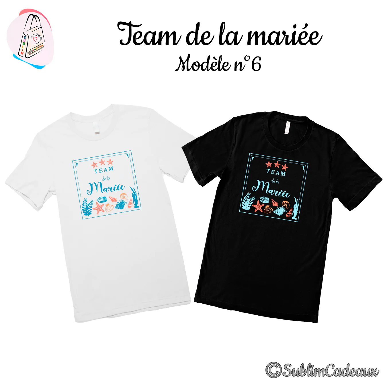 Tee-shirts blanc et noir imprimés « Team de la Mariée » sur thème marin, étoiles de mer, coquillages et algues