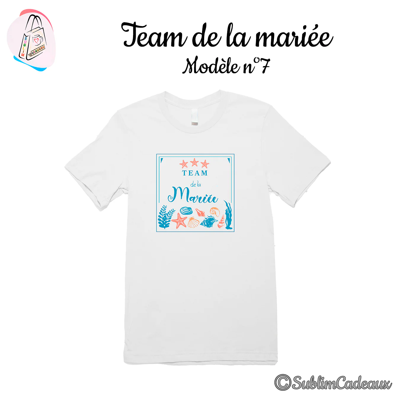 Tee-shirt blanc imprimé Team de la Mariée sur un décor marin de coquillages, étoile de mer et algues
