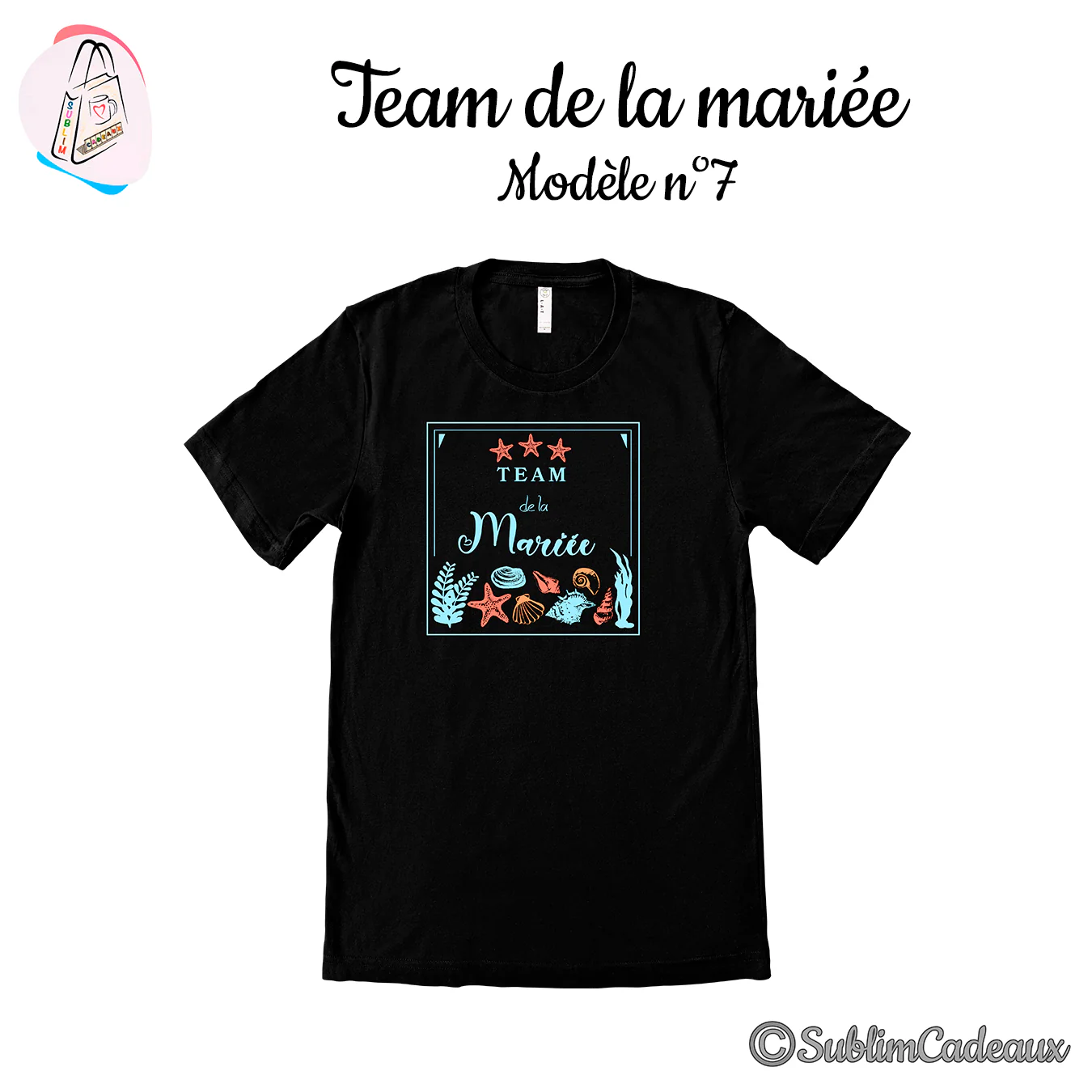 Tee-shirt noir imprimé Team de la Mariée en turquoise avec coquillages, étoiles de mer et algues