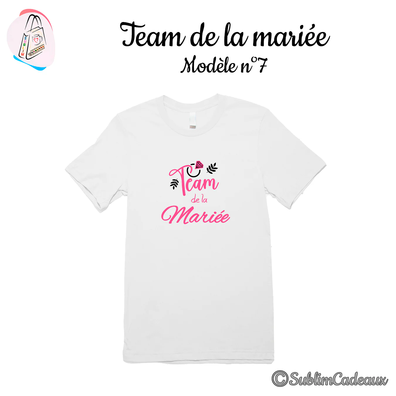 Tee-shirt blanc imprimé Team de la Mariée en rose avec bague à diamant et feuilles noires