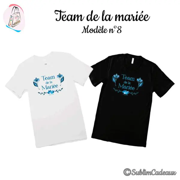 Tee-shirts blanc et noir imprimés « Team de la Mariée » avec fleurs de tulipe bleues et feuillage assorti