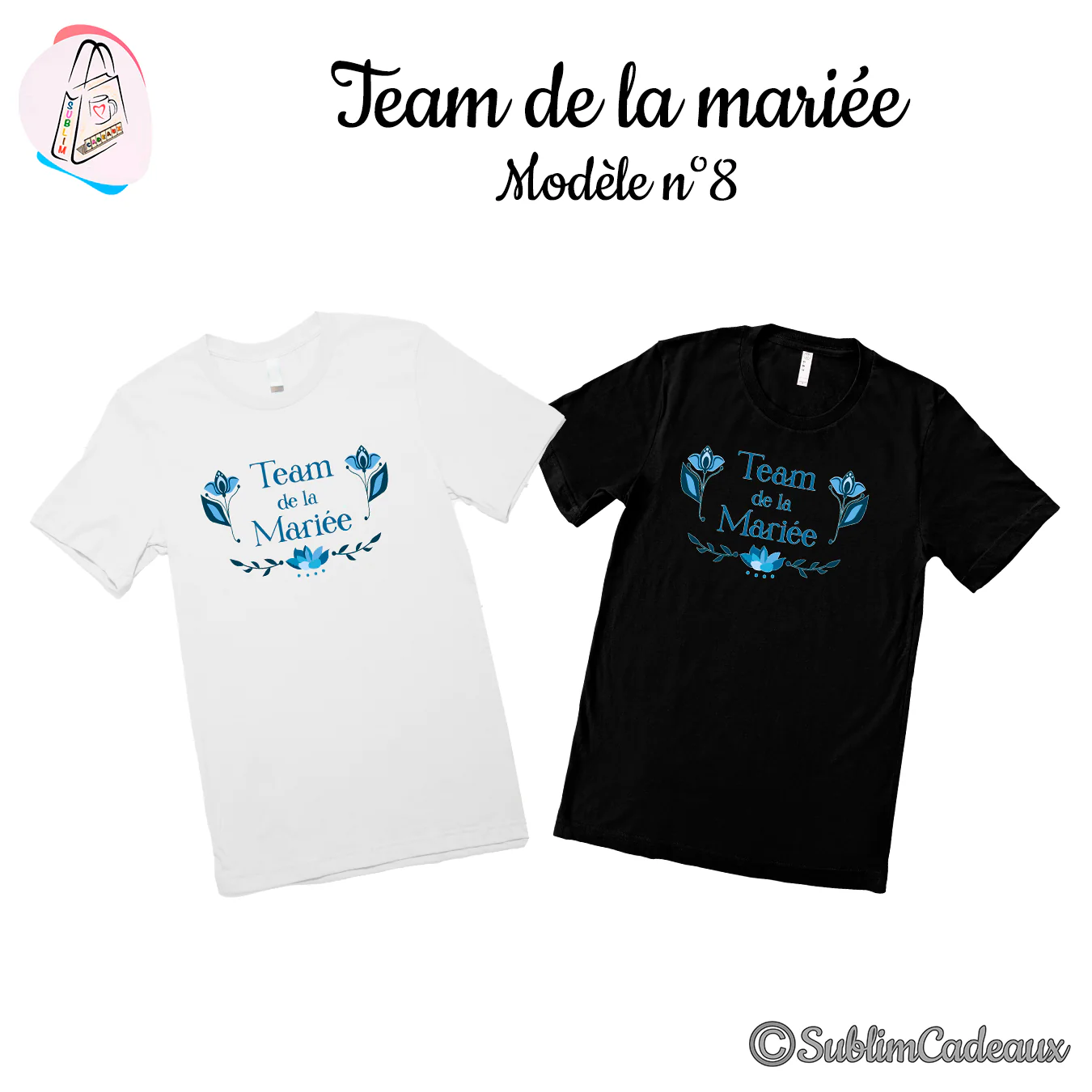 Tee-shirts blanc et noir imprimés « Team de la Mariée » avec fleurs de tulipe bleues et feuillage assorti