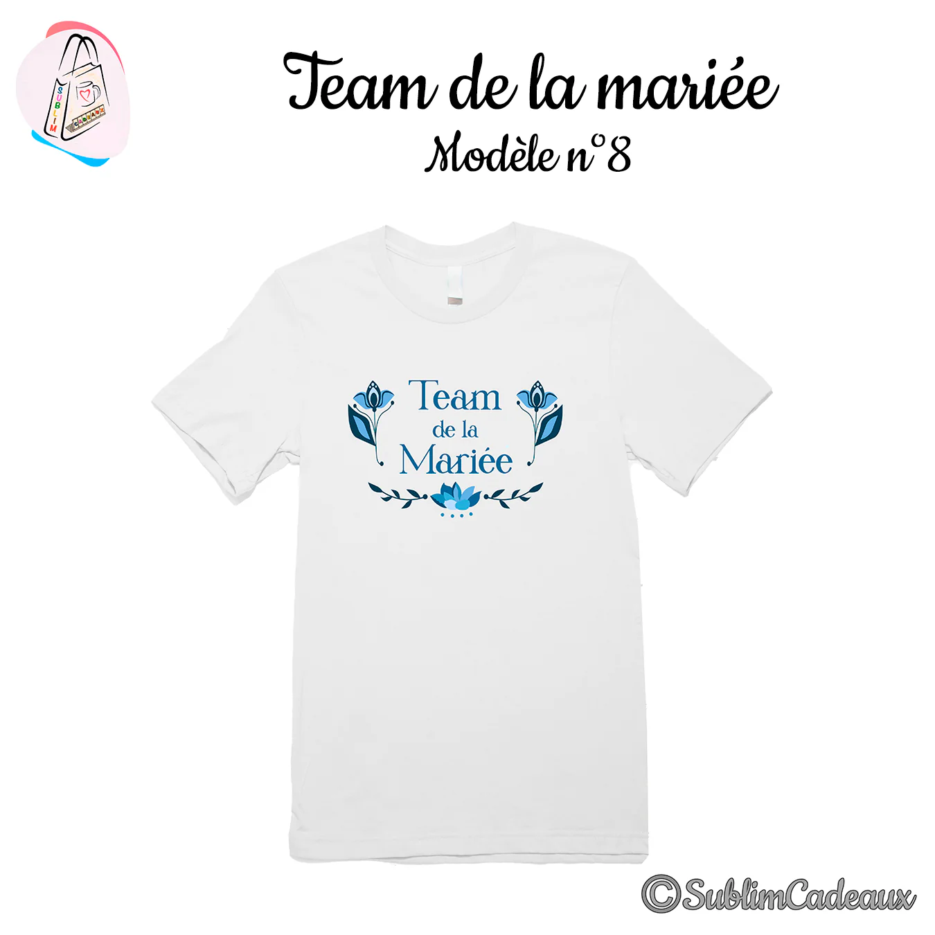 Tee-shirt blanc imprimé Team de la Mariée en bleu, encadré de fleurs de lotus stylisées