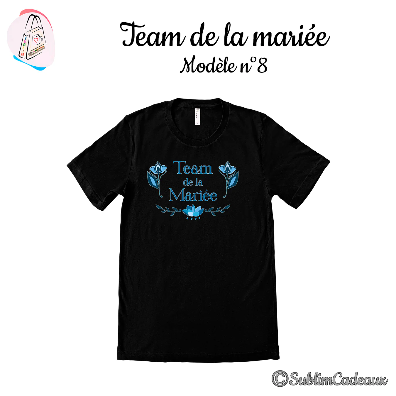 Tee-shirt noir imprimé Team de la Mariée en bleu avec fleurs de lotus stylisées et feuillage