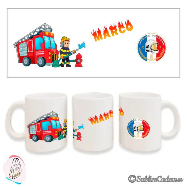 Mug blanc en céramique imprimé d'un pompier et son camion rouge, d'un écusson sapeurs-pompiers et du prénom Marco