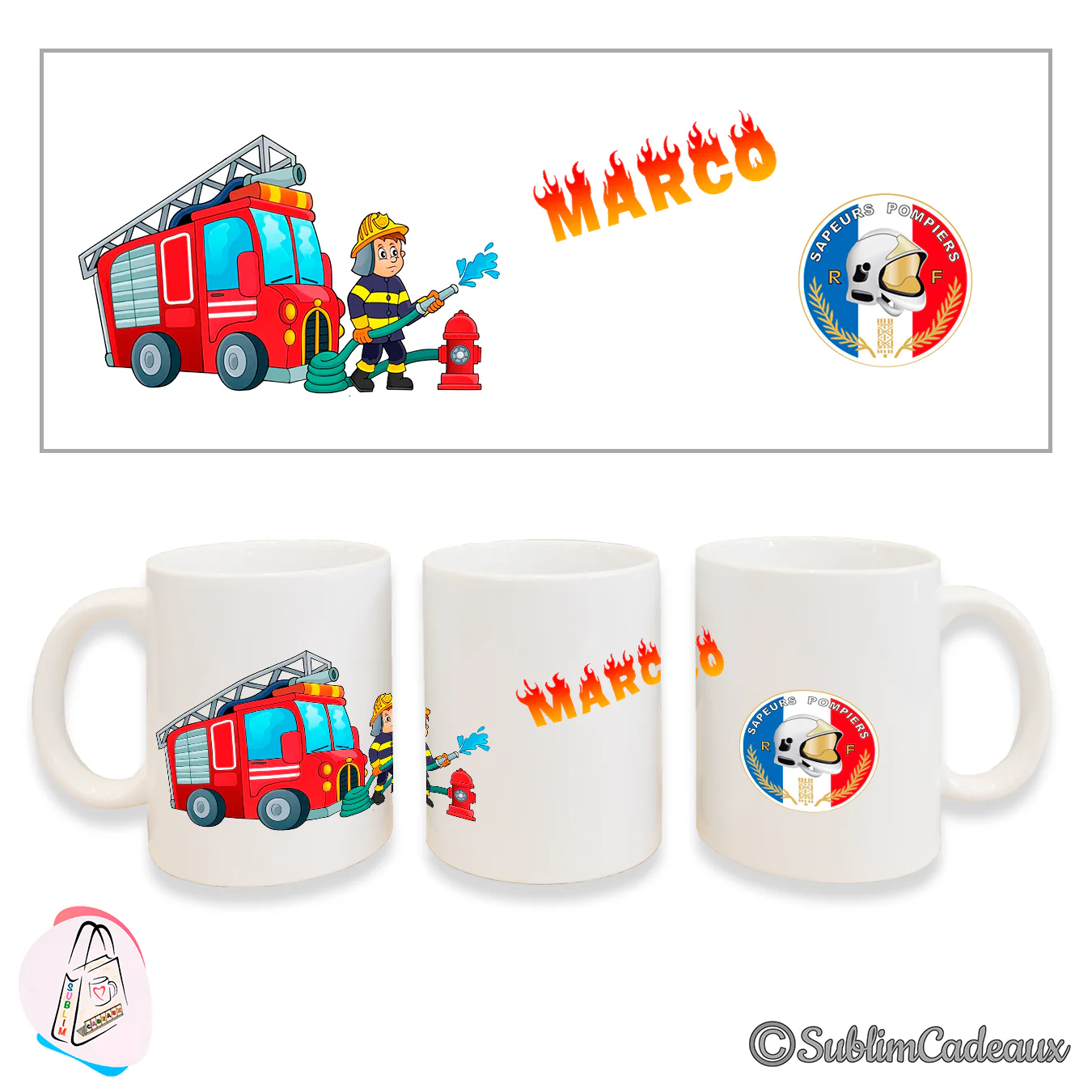Mug blanc en céramique imprimé d'un pompier et son camion rouge, d'un écusson sapeurs-pompiers et du prénom Marco