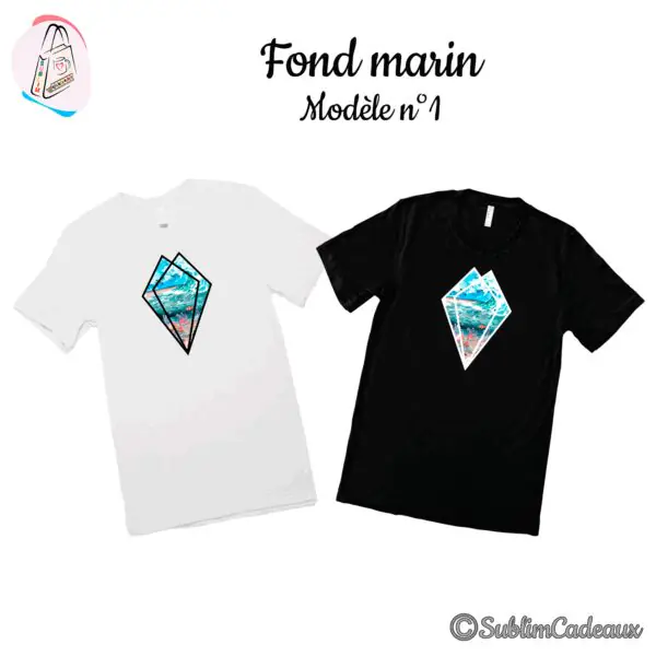 Tee-shirts blanc et noir imprimés d'un fond marin dans un losange, vagues, récif corallien et poissons