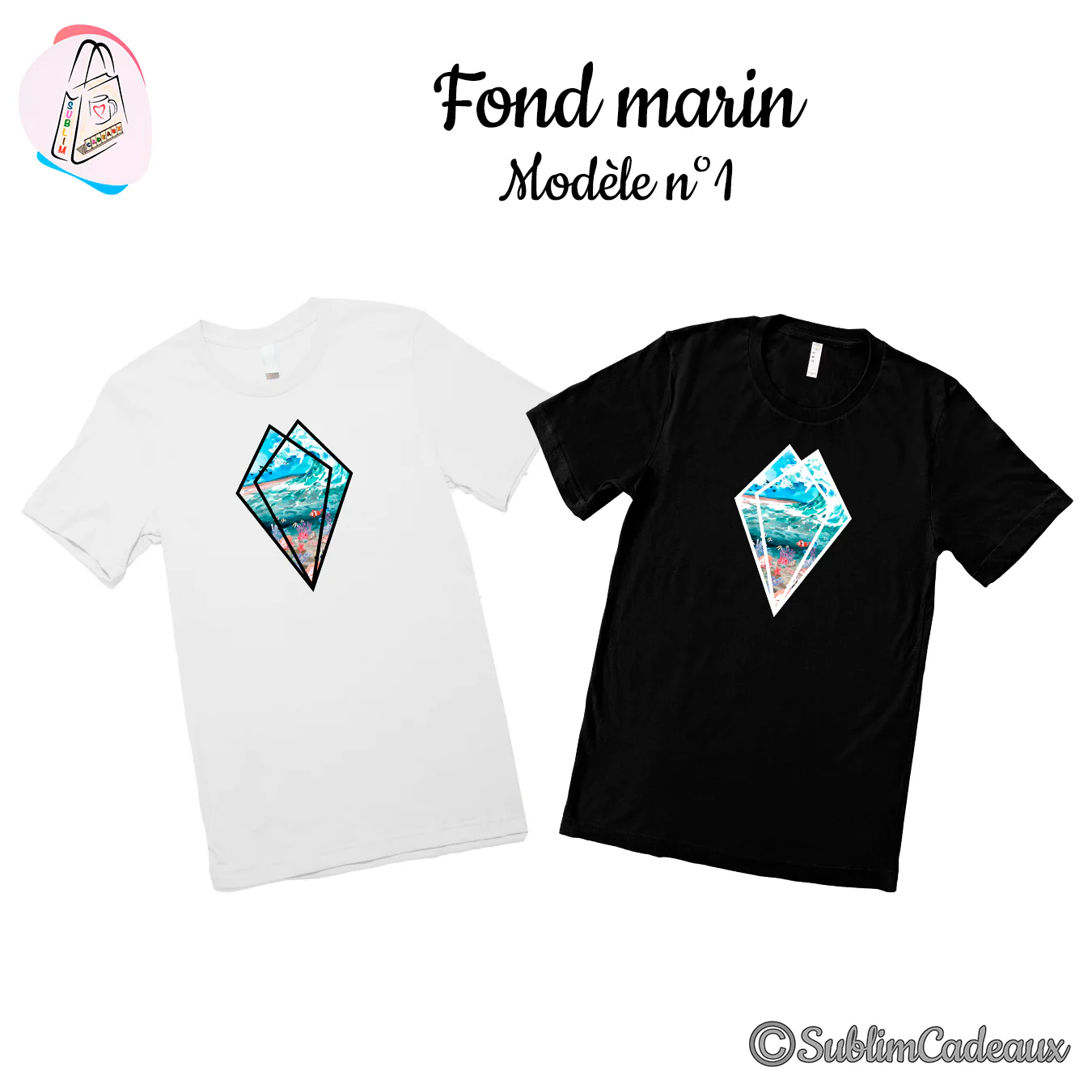Tee-shirts blanc et noir imprimés d'un fond marin dans un losange, vagues, récif corallien et poissons