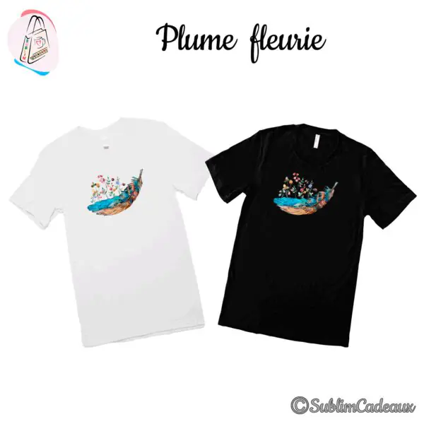 Tee-shirts blanc et noir imprimés d'une plume aquarelle turquoise et brune d'où s'élèvent des fleurs des champs