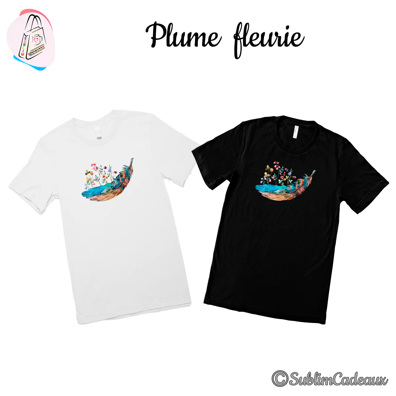 Tee-shirts blanc et noir imprimés d'une plume aquarelle turquoise et brune d'où s'élèvent des fleurs des champs