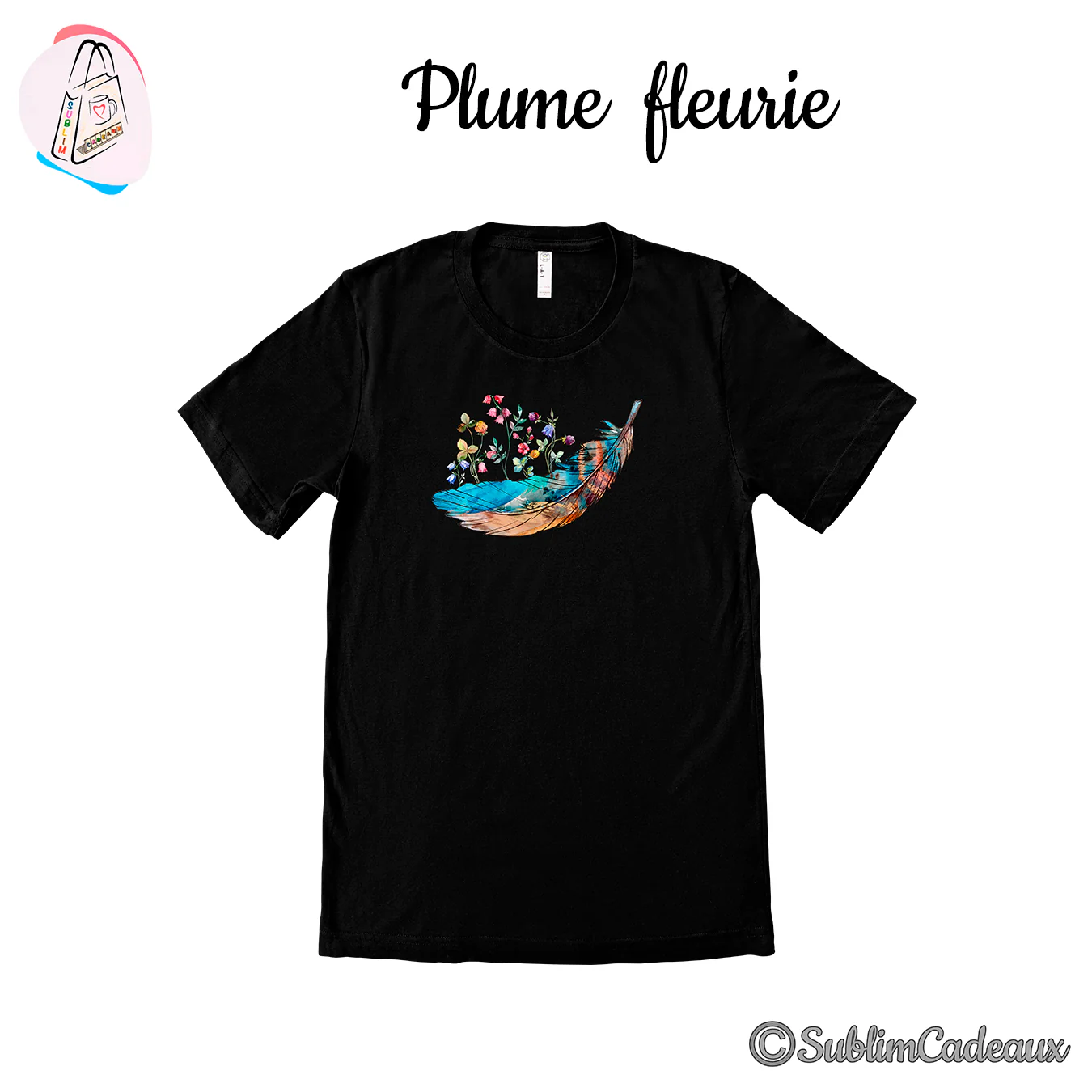Tee-shirt noir imprimé d'une plume aquarelle turquoise et cuivrée fleurie de petites fleurs des champs