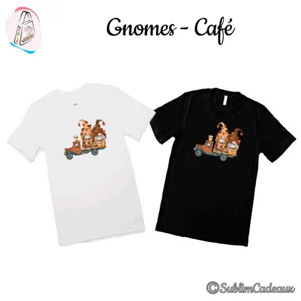 Tee-shirts blanc et noir imprimés de gnomes sur un vieux camion chargé de pots et grains de café, tons bruns