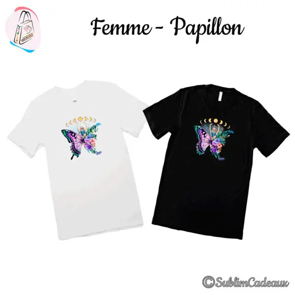 Tee-shirts blanc et noir imprimés d'un papillon fleuri et d'une femme levant les bras vers les phases de lune