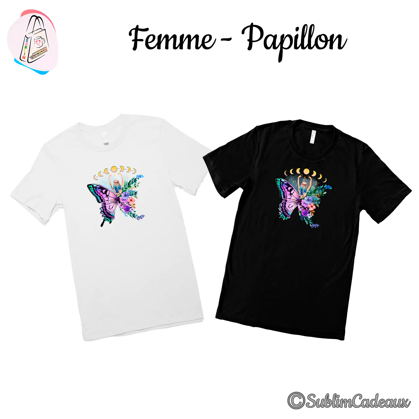Tee-shirts blanc et noir imprimés d'un papillon fleuri et d'une femme levant les bras vers les phases de lune