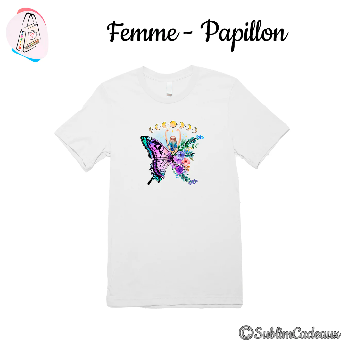 Tee-shirt blanc imprimé d'une femme aux ailes de papillon fleuries, sous un cycle de phases lunaires
