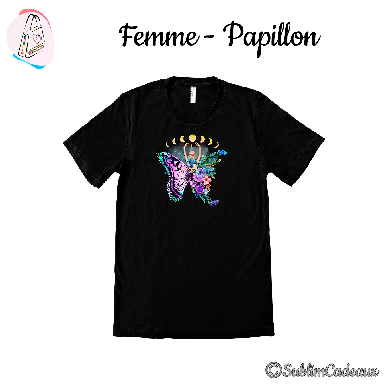 Tee-shirt noir imprimé d'une femme ailée de papillon multicolore, fleurs et phases de lune