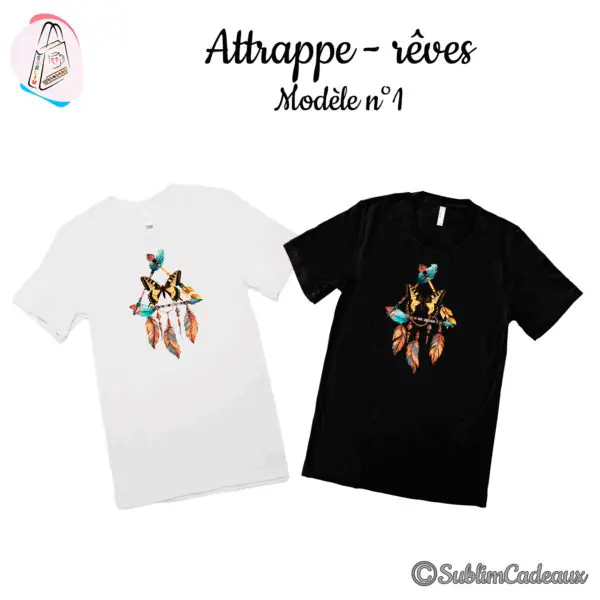 Tee-shirts blanc et noir imprimés d'un attrape-rêves avec flèches, papillon machaon et plumes colorées