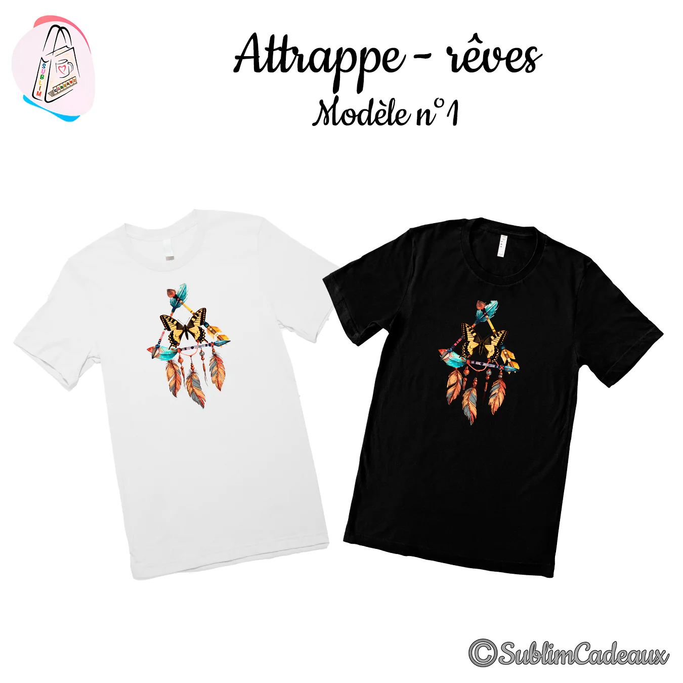Tee-shirts blanc et noir imprimés d'un attrape-rêves avec flèches, papillon machaon et plumes colorées