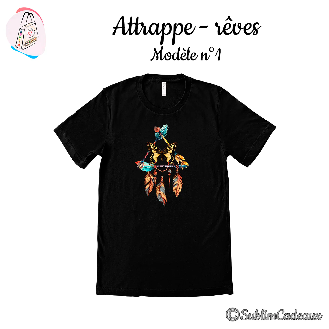 Attrape-rêves à papillon jaune, flèches et plumes colorées imprimé sur un tee-shirt noir