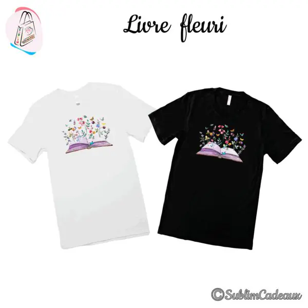 Tee-shirts blanc et noir imprimés d'un livre ouvert d'où jaillissent fleurs des champs et papillons