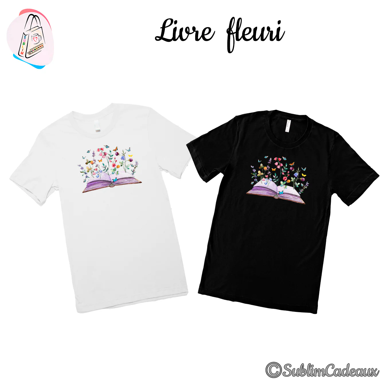 Tee-shirts blanc et noir imprimés d'un livre ouvert d'où jaillissent fleurs des champs et papillons