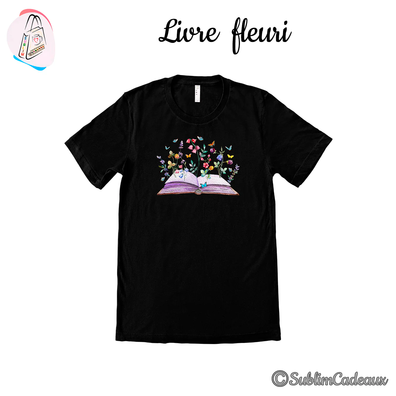 Livre ouvert fleuri et papillons imprimés sur un tee-shirt noir, fleurs roses, violettes et vertes