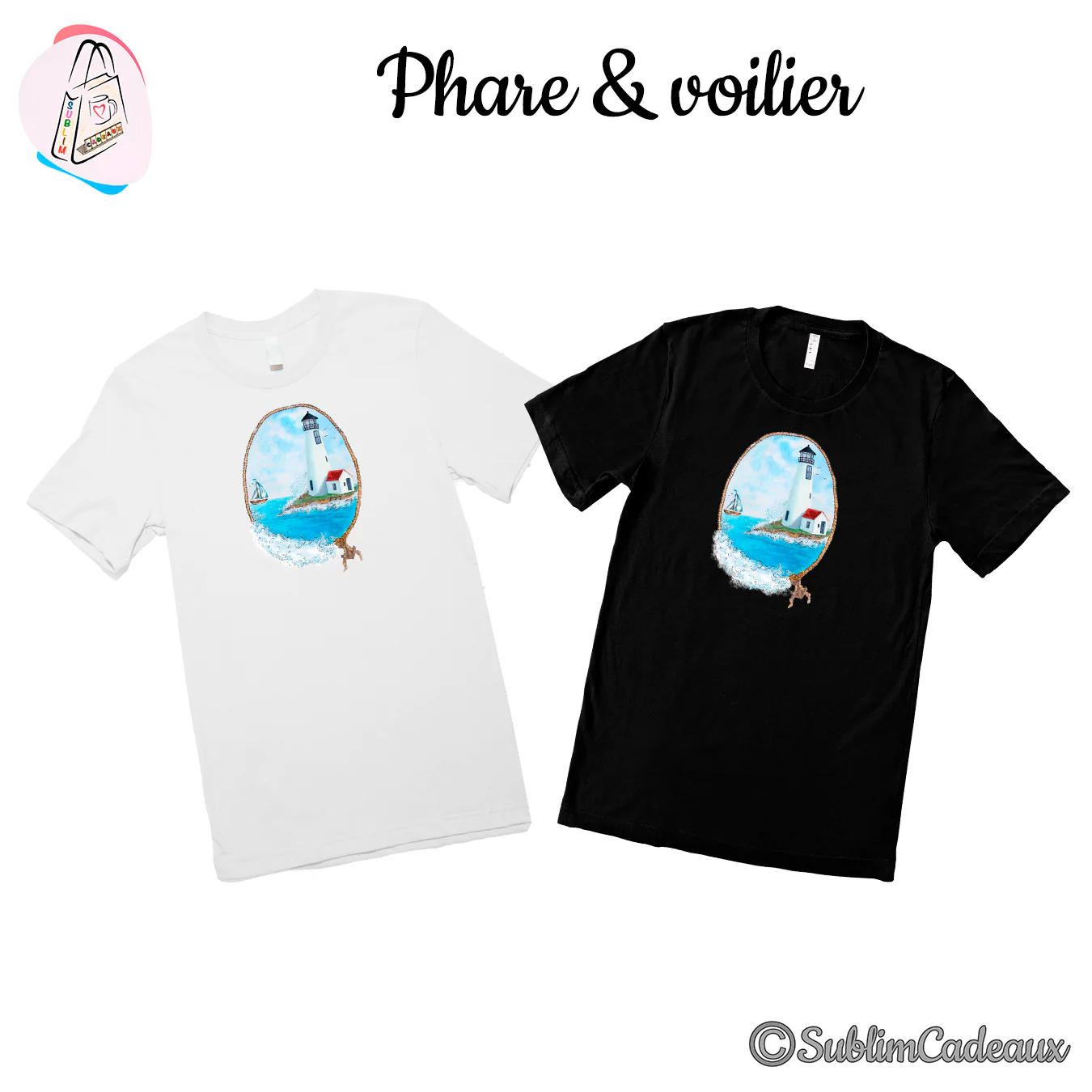Tee-shirts blanc et noir imprimés d'un phare à toit rouge sur un îlot, voilier et mer bleue, cadre ovale