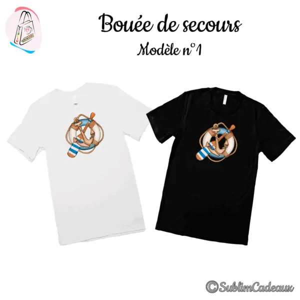 Tee-shirts blanc et noir imprimés d'une bouée de sauvetage bleu et blanc avec ancre, avirons et cordage