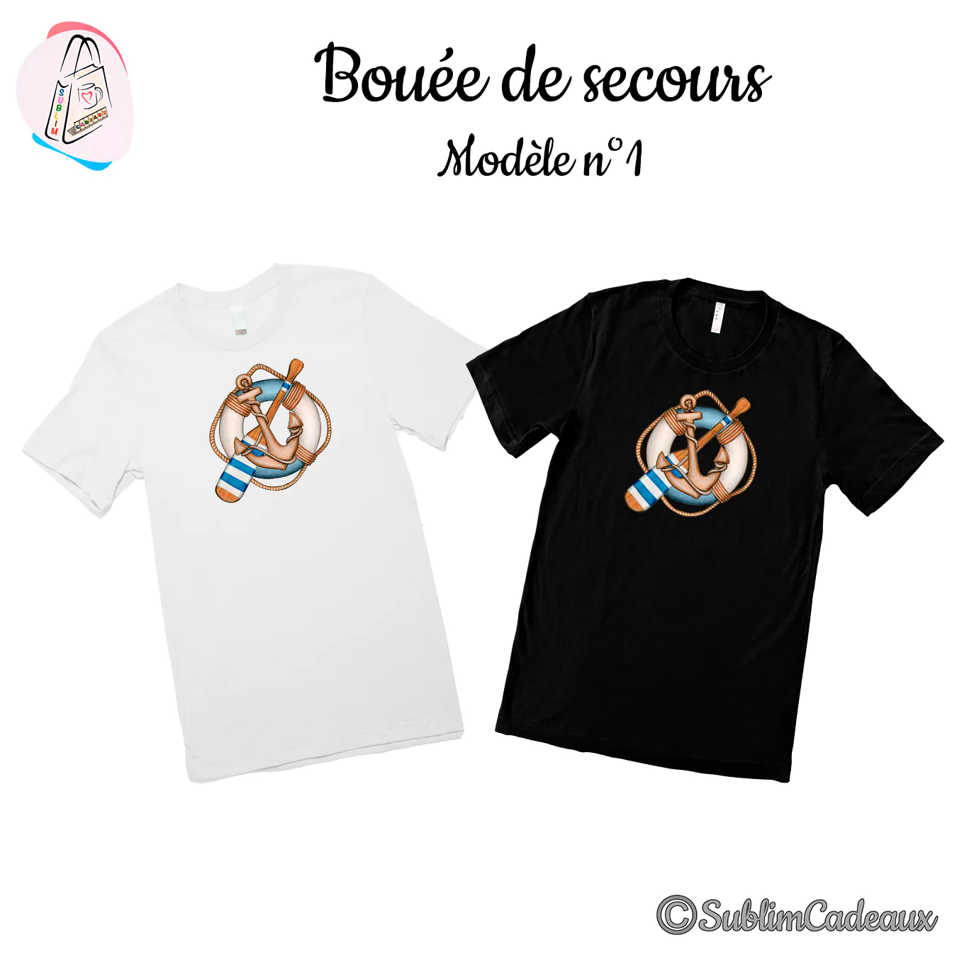 Tee-shirts blanc et noir imprimés d'une bouée de sauvetage bleu et blanc avec ancre, avirons et cordage