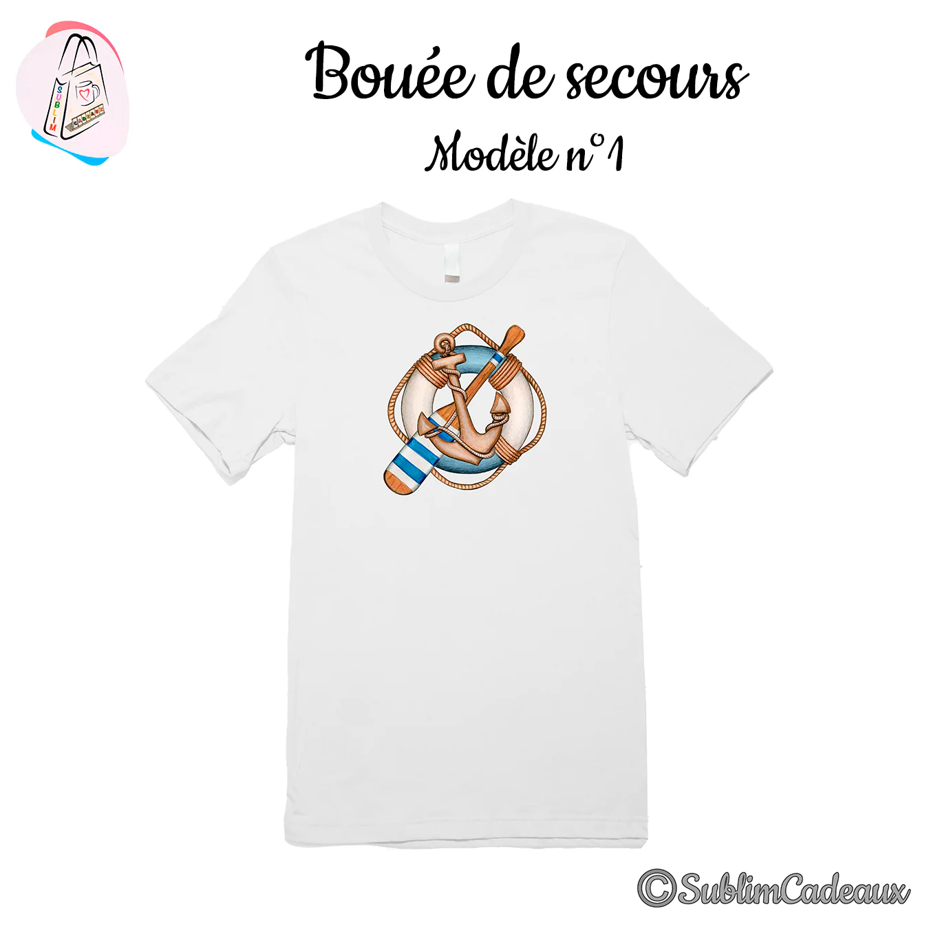 Bouée de sauvetage avec ancre et rame, motif bleu et beige imprimé sur un tee-shirt blanc