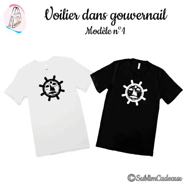 Tee-shirts blanc et noir imprimés d'une barre à roue de bateau encadrant un voilier sur la mer, en monochrome