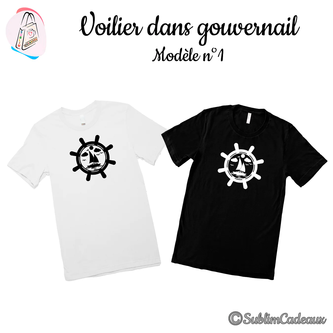 Tee-shirts blanc et noir imprimés d'une barre à roue de bateau encadrant un voilier sur la mer, en monochrome
