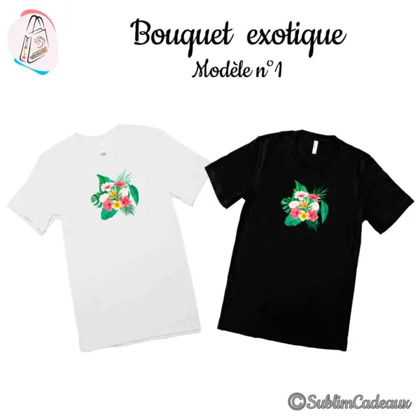 Tee-shirts blanc et noir imprimés d'un bouquet exotique, hibiscus, frangipanier et feuilles de monstera